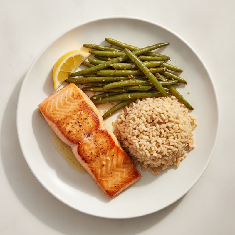 Seared Salmon Fillet with Garlic Green Beans and Brown Rice