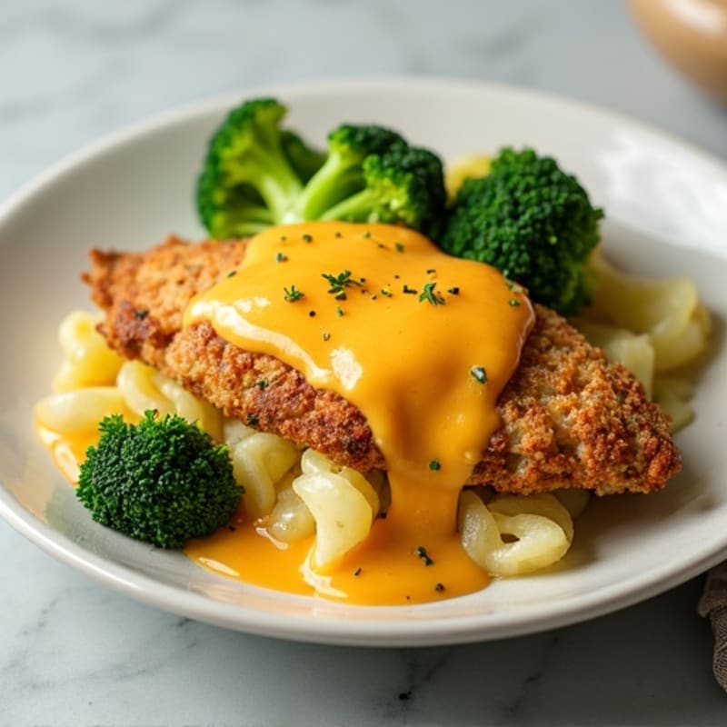 Cheesy Potato and Broccoli Bake with Crispy Chicken