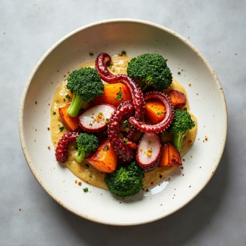 Garlic-Seared Octopus with Roasted Sweet Potato and Charred Broccoli