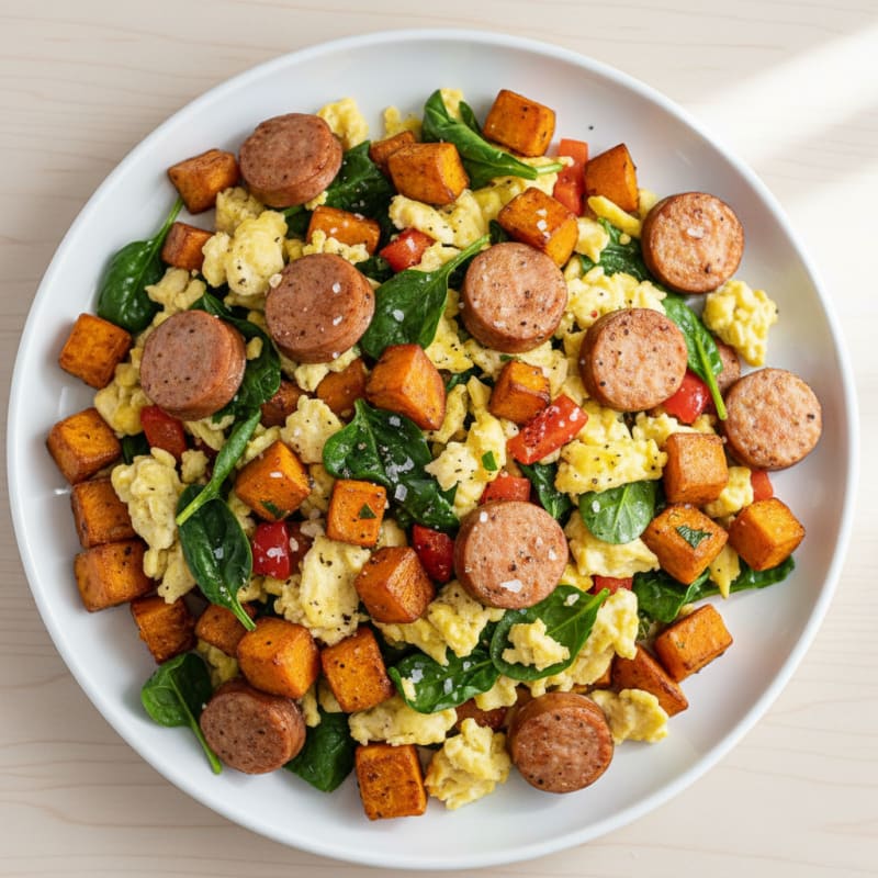 Crispy Chicken Sausage and Spinach Scramble with Sweet Potato Hash