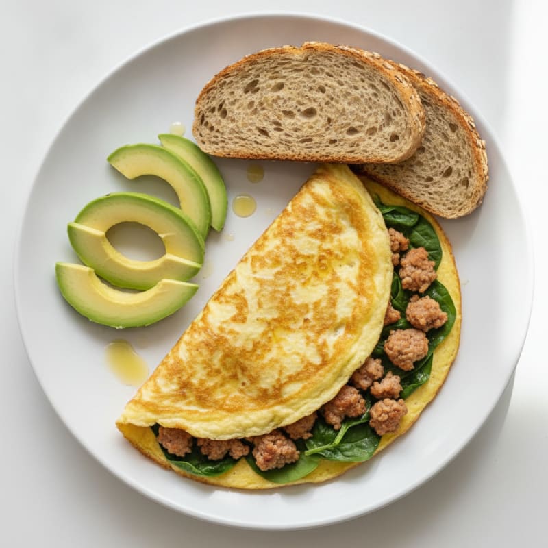 Crispy Egg White Omelette with Turkey Sausage and Spinach