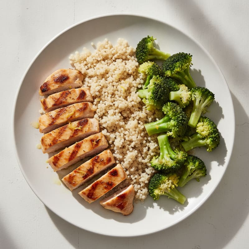 Grilled Chicken Breast with Steamed Broccoli and Quinoa