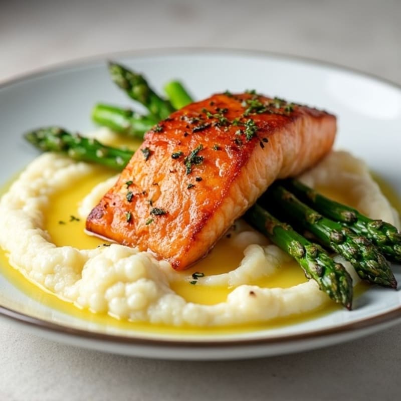 Seared Salmon Filet with Roasted Asparagus and Cauliflower Mash