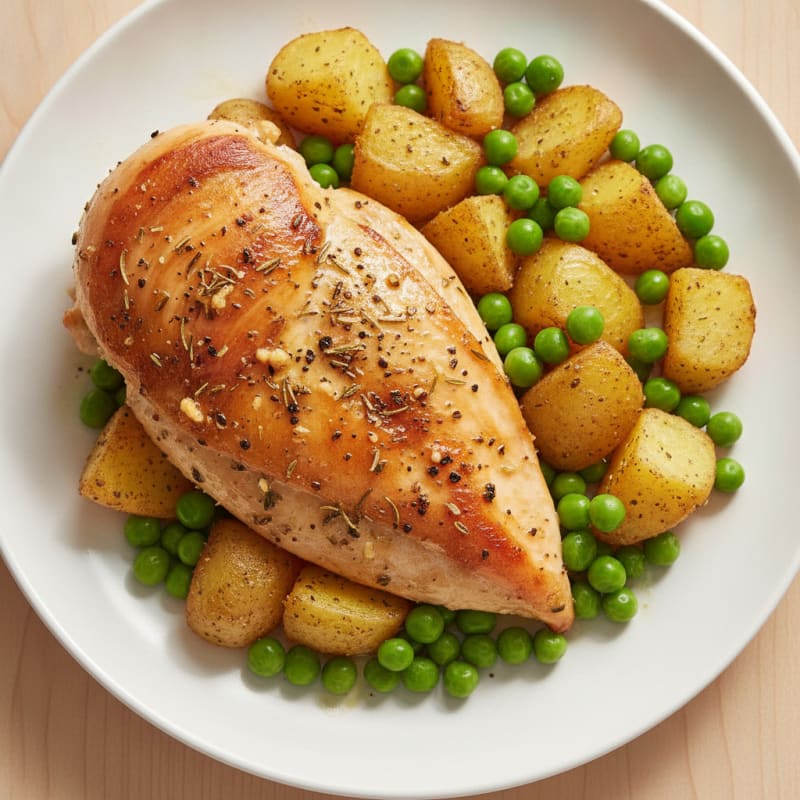 Herb-Roasted Chicken Breast with Potatoes and Peas