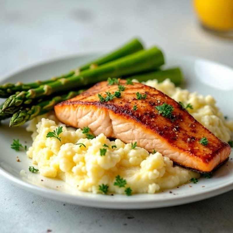 Seared Salmon with Steamed Asparagus and Cauliflower Mash