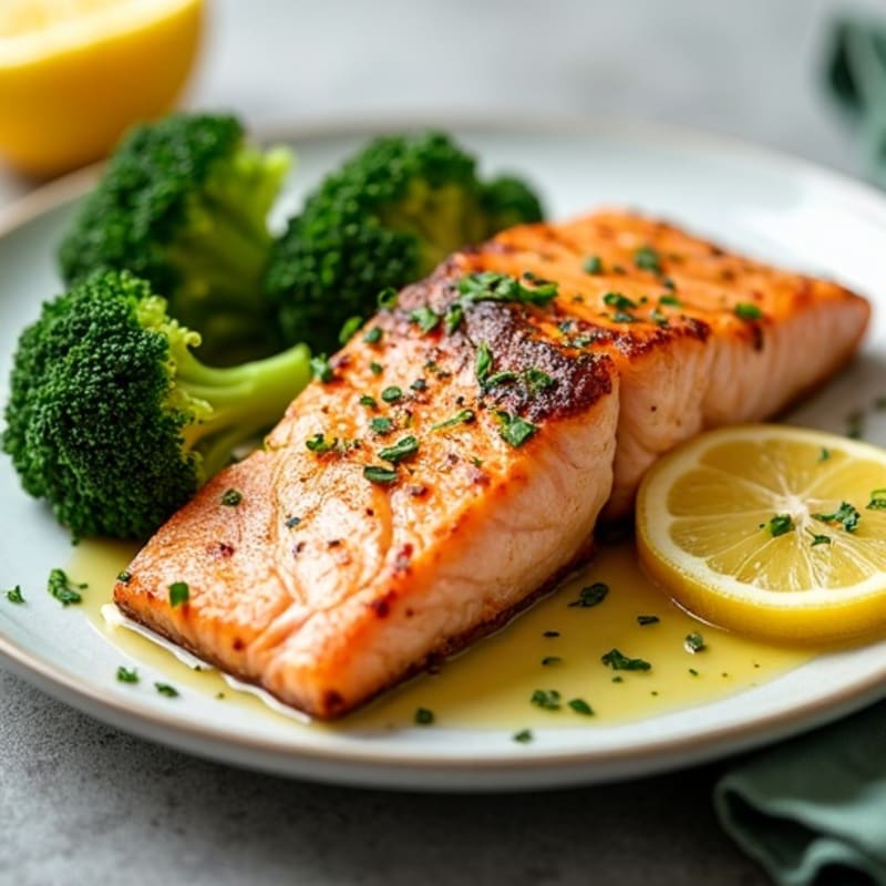 Seared Salmon with Steamed Broccoli and Lemon
