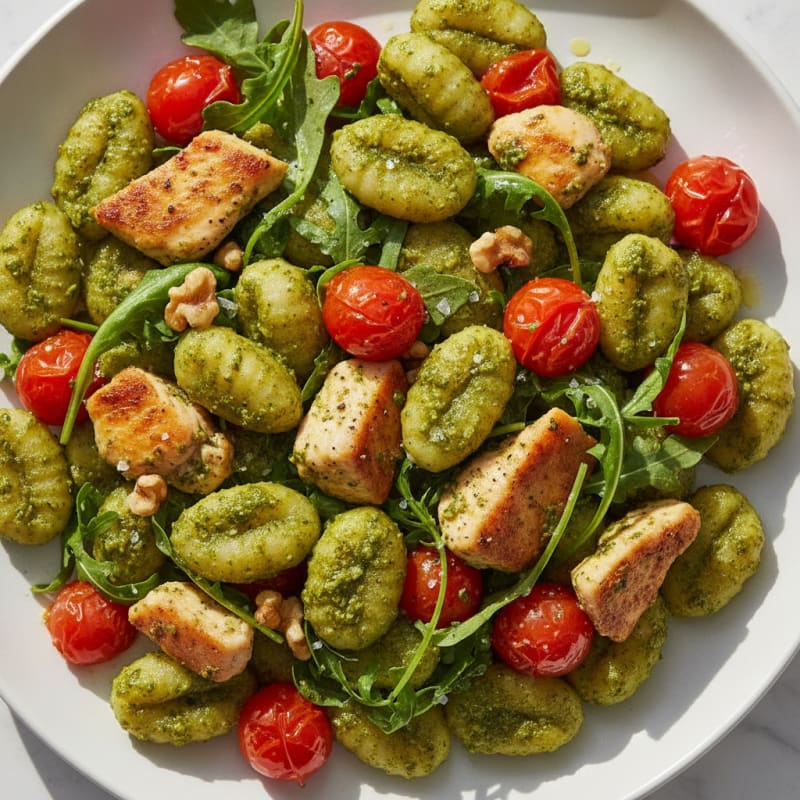 Gnocchi with Arugula Pesto and Cherry Tomatoes