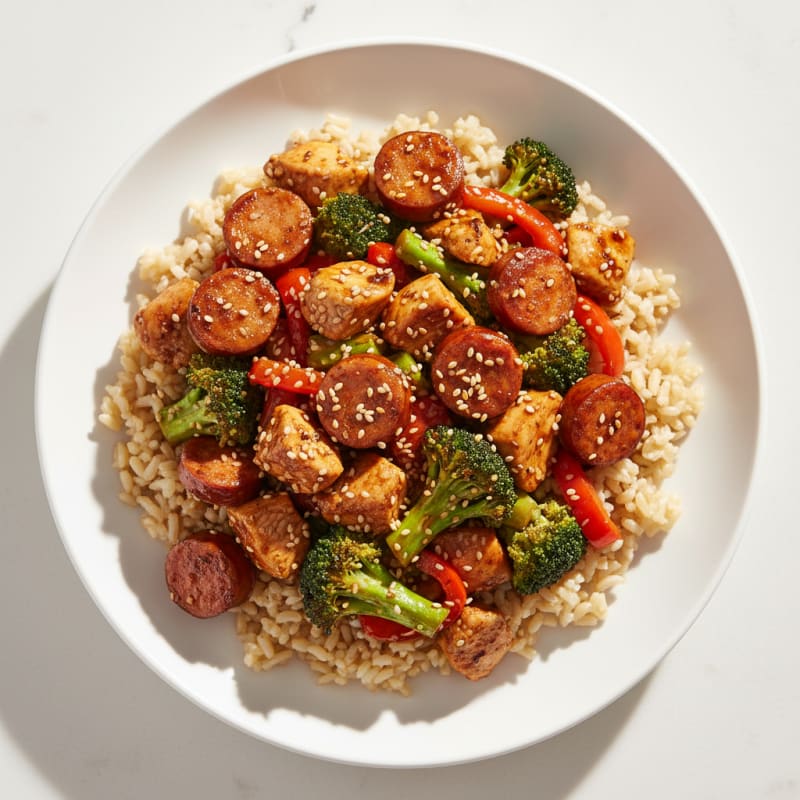 Turkey Sausage and Vegetable Stir-Fry with Brown Rice
