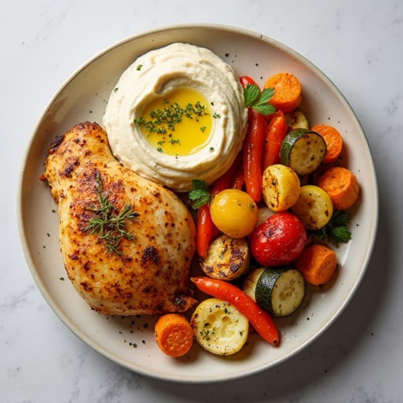 Lemon Herb Roasted Chicken with Crispy Roasted Vegetables and Creamy Hummus