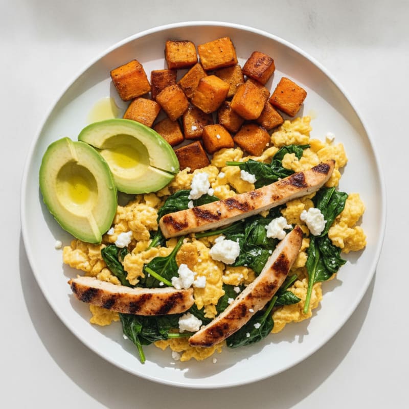 Scrambled Eggs with Grilled Chicken and Spinach