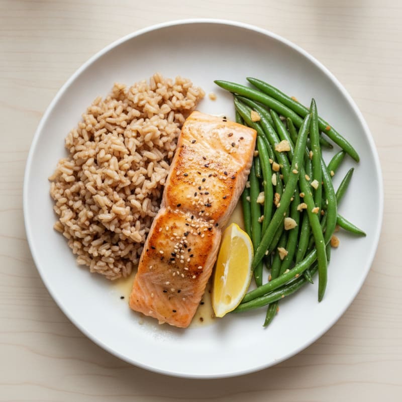 Seared Salmon with Garlic Green Beans and Brown Rice