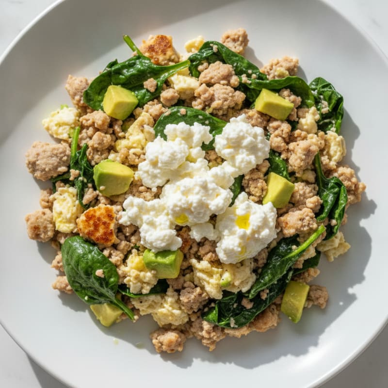 Egg White and Turkey Spinach Scramble with Cottage Cheese
