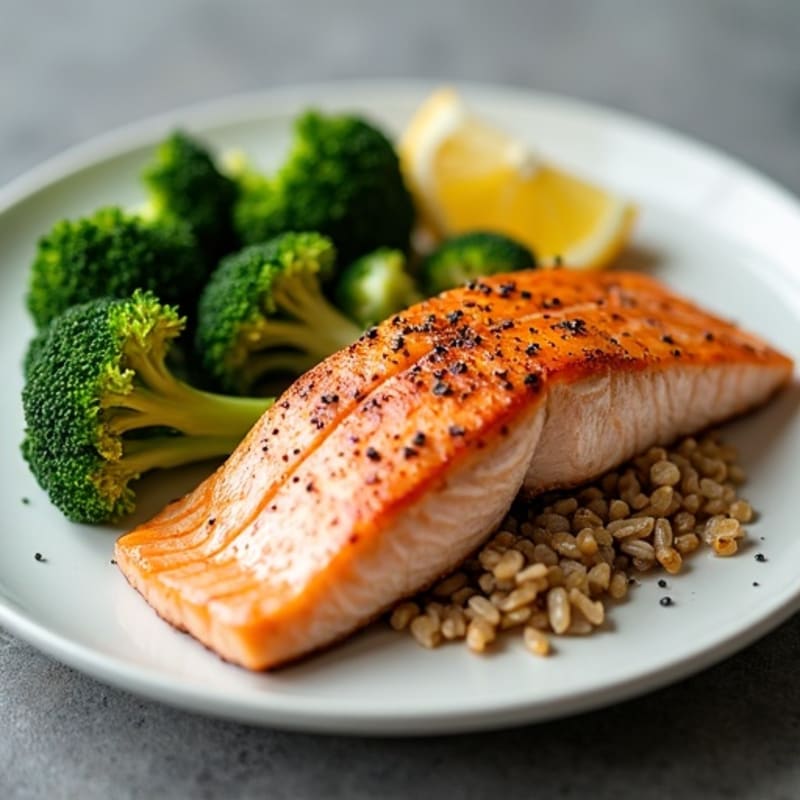 Seared Salmon Fillet with Steamed Broccoli and Brown Rice