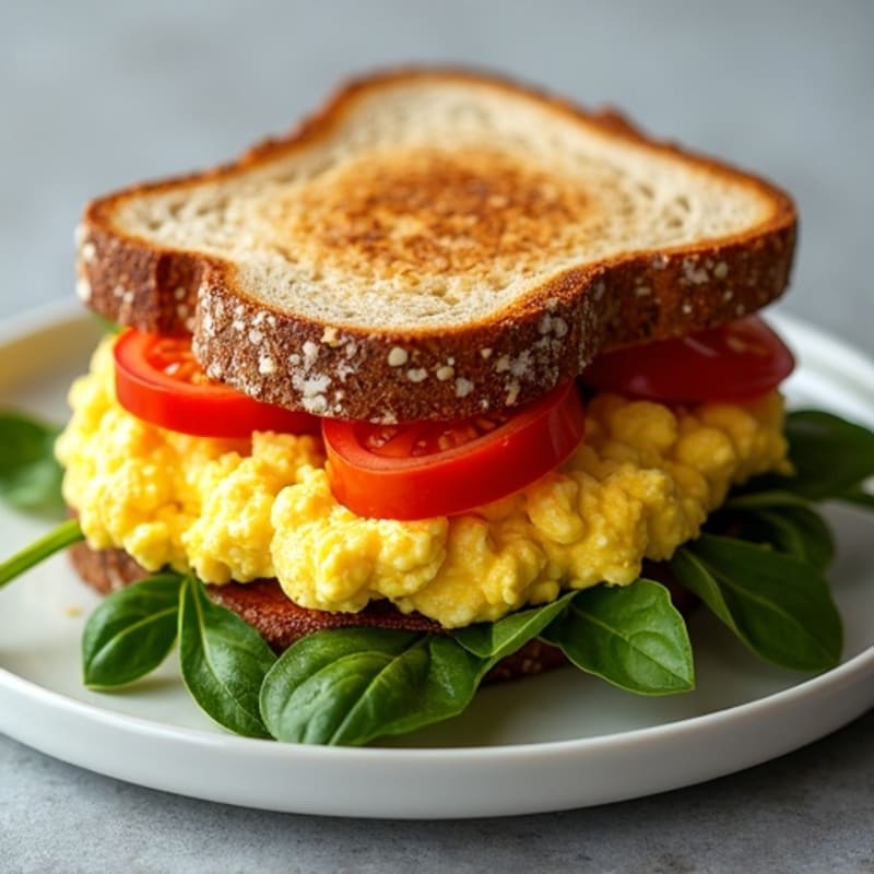 Fluffy Scrambled Egg Sandwich with Turkey Bacon and Fresh Greens