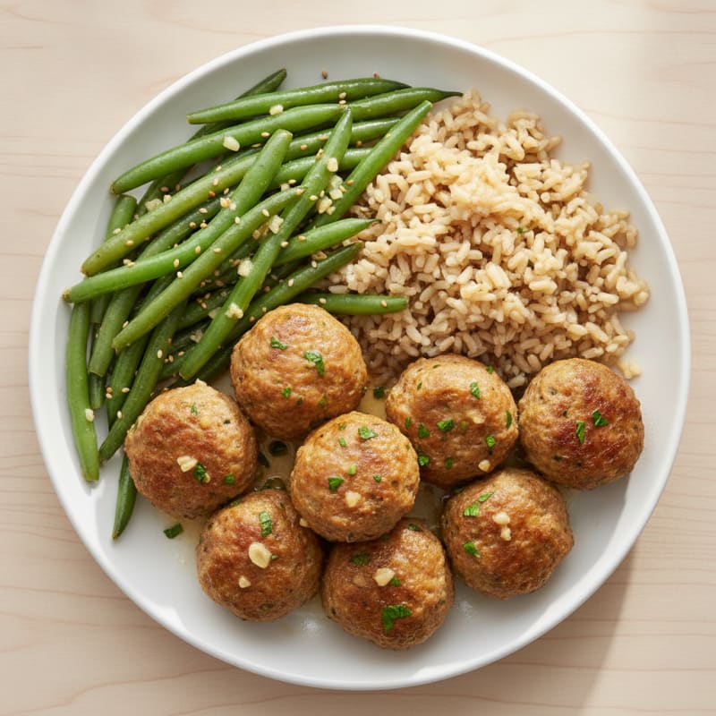 Baked Turkey Meatballs with Garlic Green Beans and Brown Rice