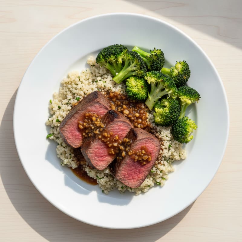 Seared Beef Tenderloin with Steamed Broccoli and Quinoa