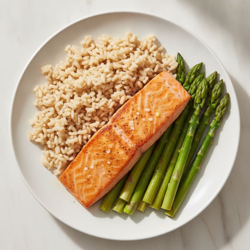 Seared Salmon with Steamed Asparagus and Brown Rice