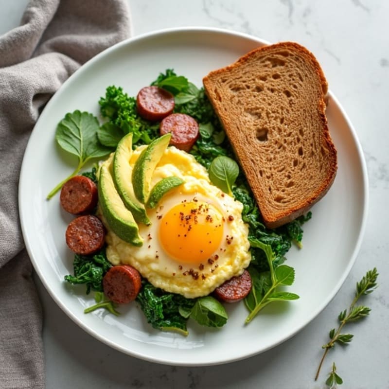 Egg White Scramble with Turkey Sausage and Sautéed Spinach