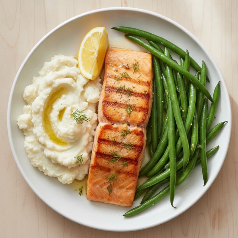 Seared Salmon with Steamed Green Beans and Garlic Mashed Cauliflower