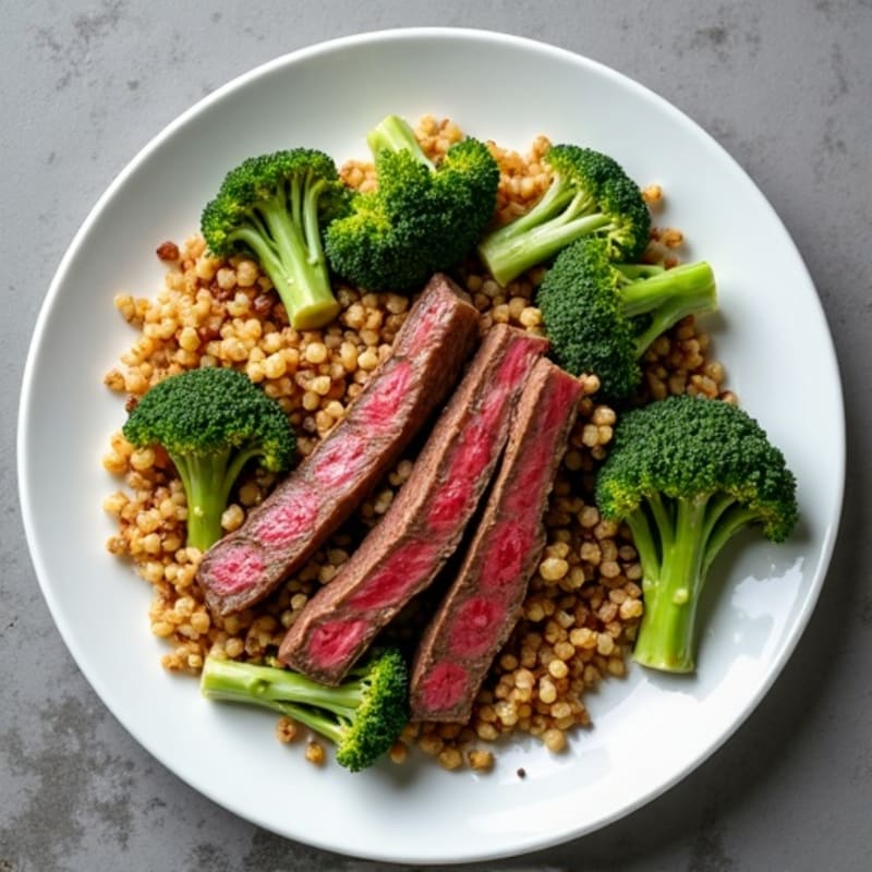 Seared Lean Beef Strips with Roasted Broccoli and Garlic Quinoa