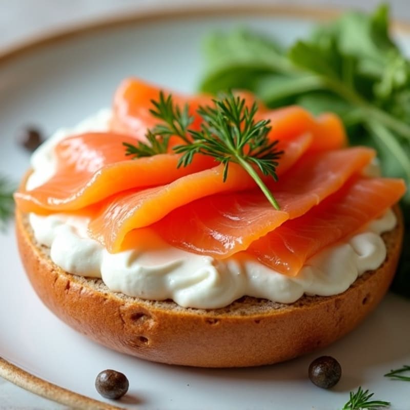 Smoked Salmon with Creamy Herbed Cream Cheese on Crispy Whole-Grain Bagel