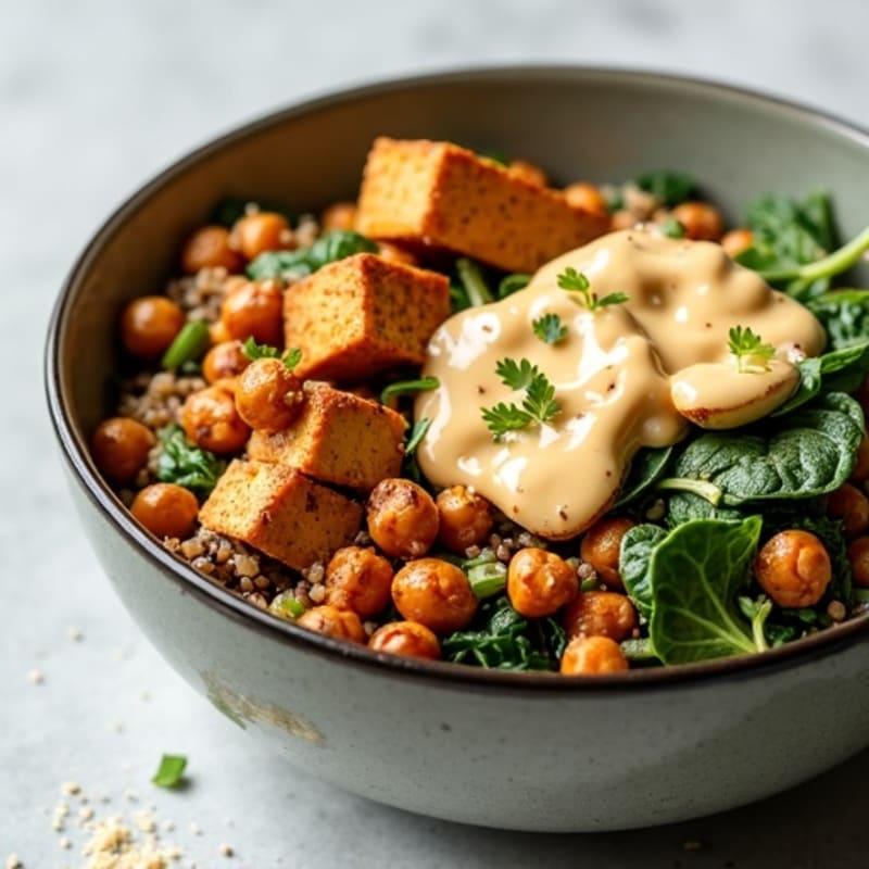 Lentil and Quinoa Power Bowl with Roasted Tofu and Tahini Drizzle