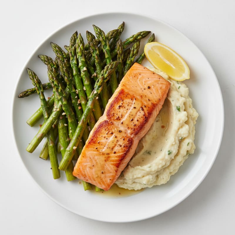 Seared Salmon with Roasted Asparagus and Cauliflower Mash