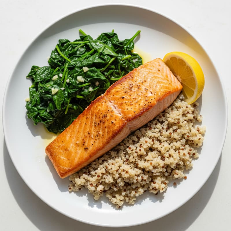 Seared Salmon Fillet with Quinoa and Garlic Sautéed Spinach
