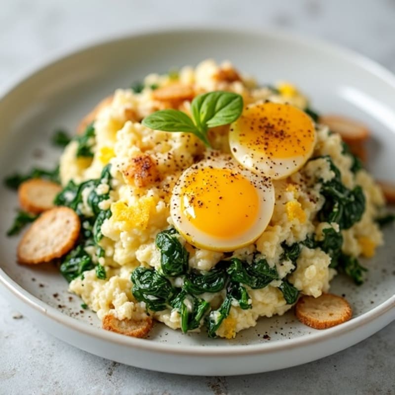 Egg White Spinach Scramble with Cottage Cheese and Sliced Turkey