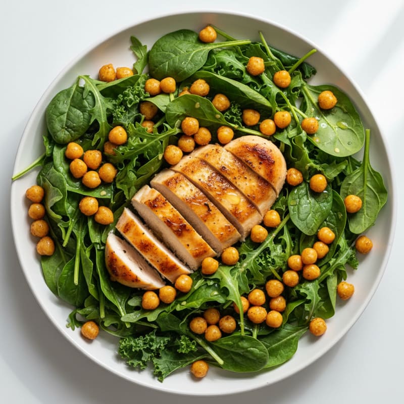 Grilled Chicken Breast over Mixed Greens with Roasted Chickpeas