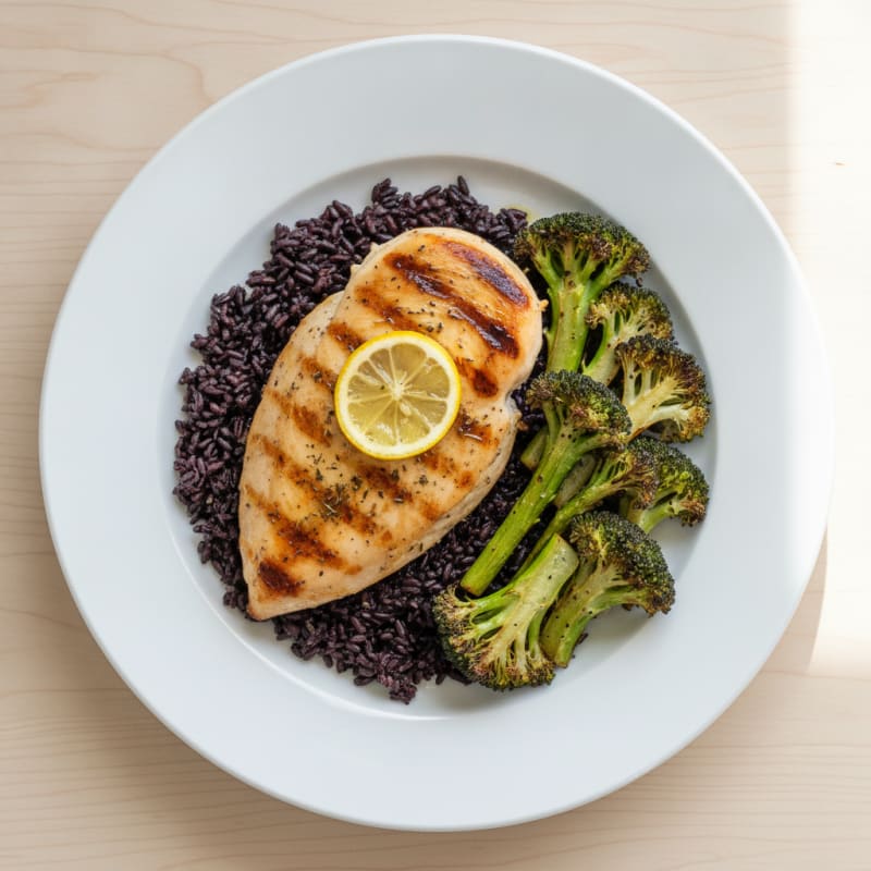 Grilled Chicken Breast with Black Rice and Roasted Broccoli