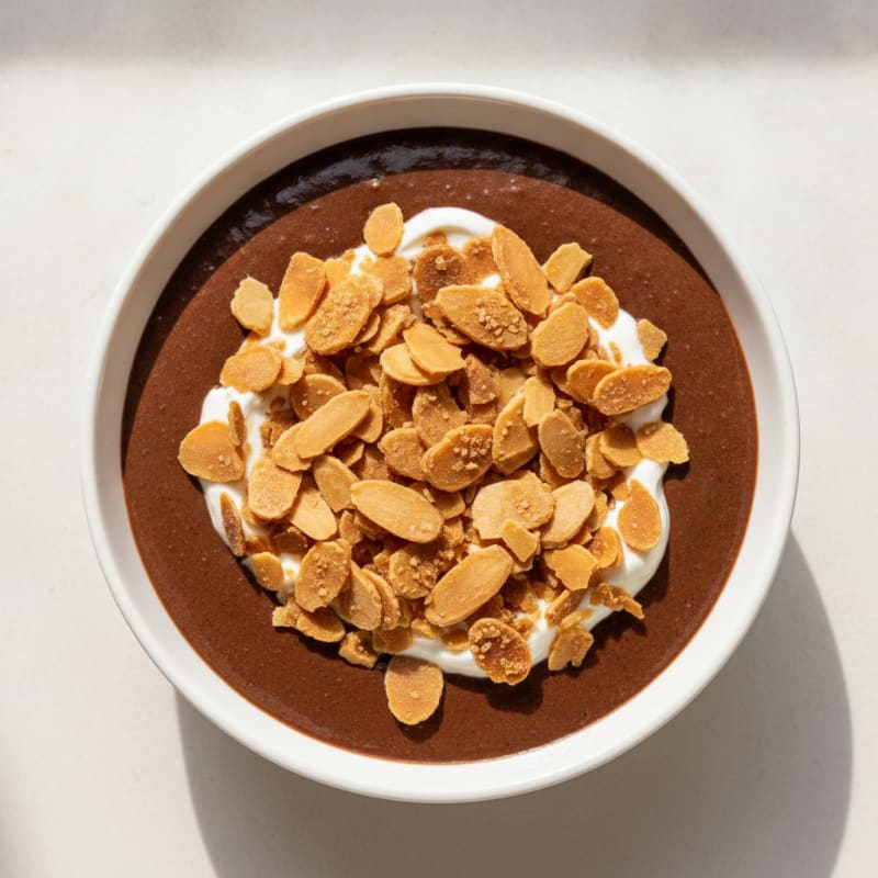 Silky Chocolate Protein Pudding with Crispy Almond Topping