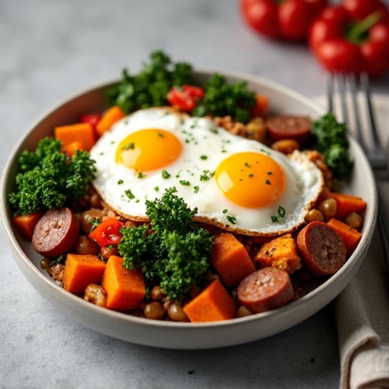 Savory Sweet Potato and Chicken Sausage Hash with Crispy Kale