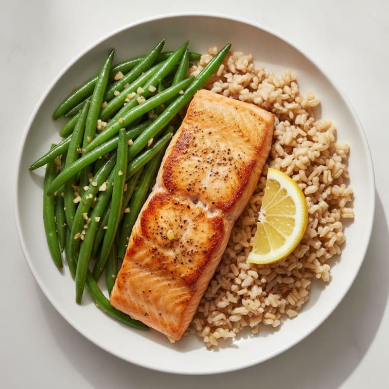 Seared Salmon with Garlic Green Beans and Brown Rice