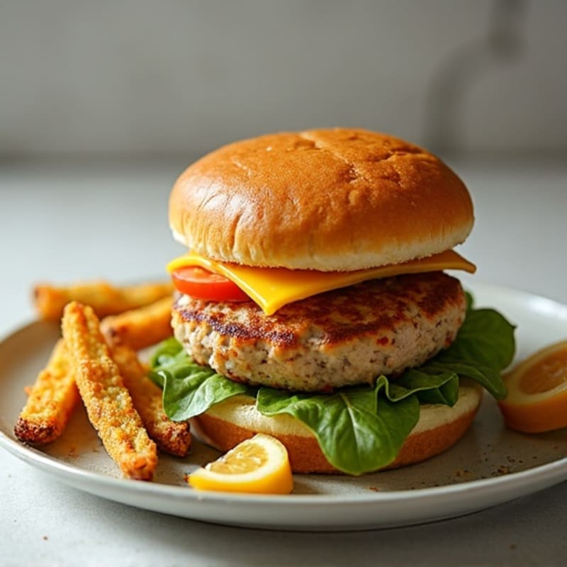 Turkey Burger with Golden Mozzarella and Crispy Asparagus Fries
