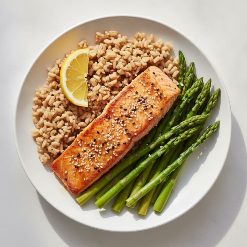 Seared Salmon with Steamed Asparagus and Brown Rice