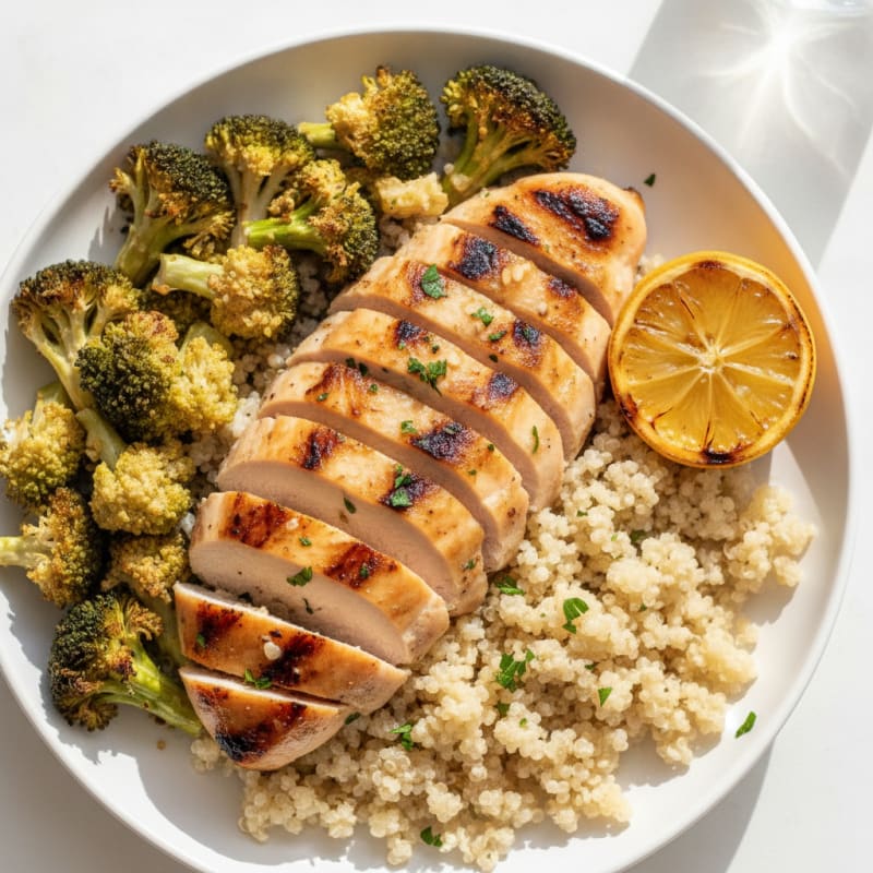 Grilled Chicken and Quinoa Bowl with Roasted Broccoli