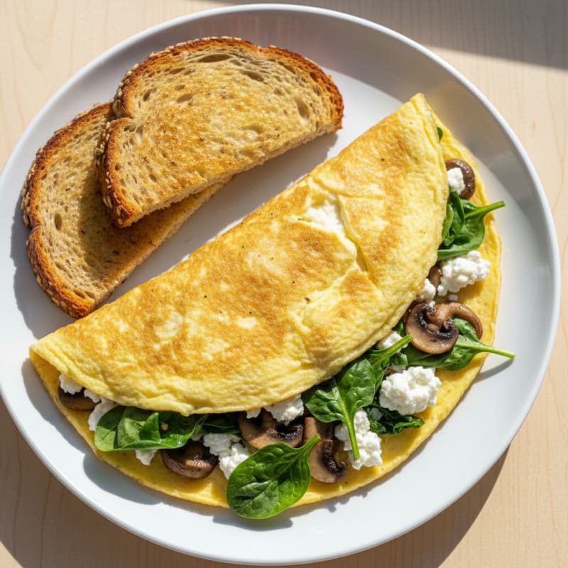 Egg White Spinach Omelette with Cottage Cheese and Sautéed Mushrooms