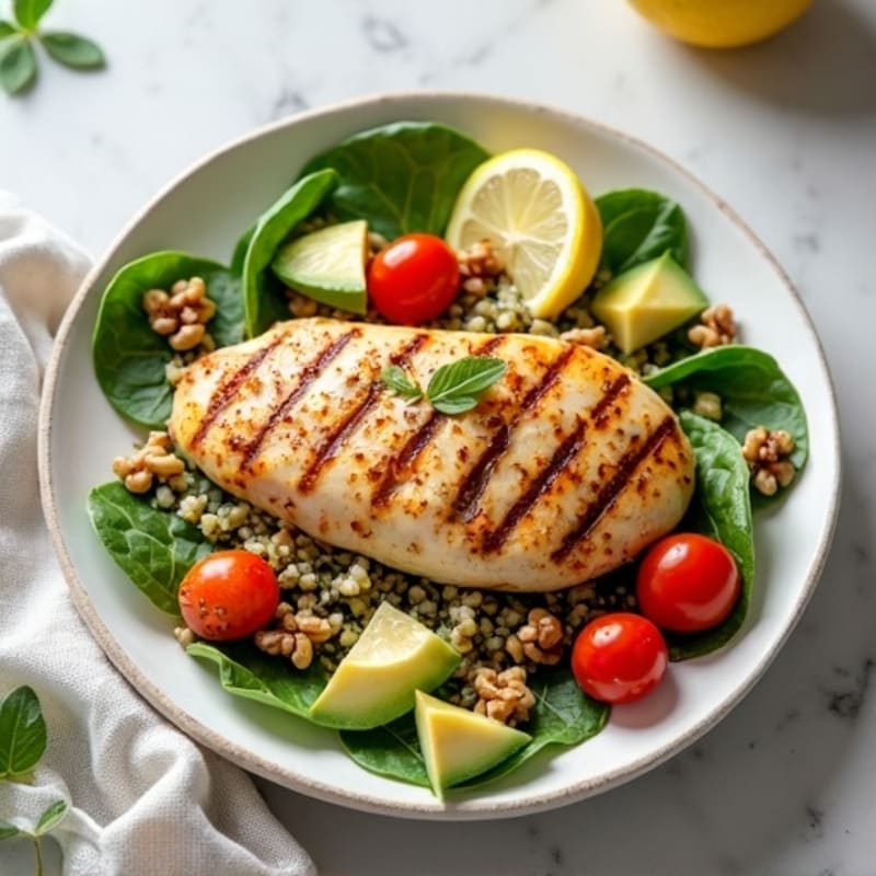 Grilled Chicken Breast with Creamy Quinoa Spinach Salad