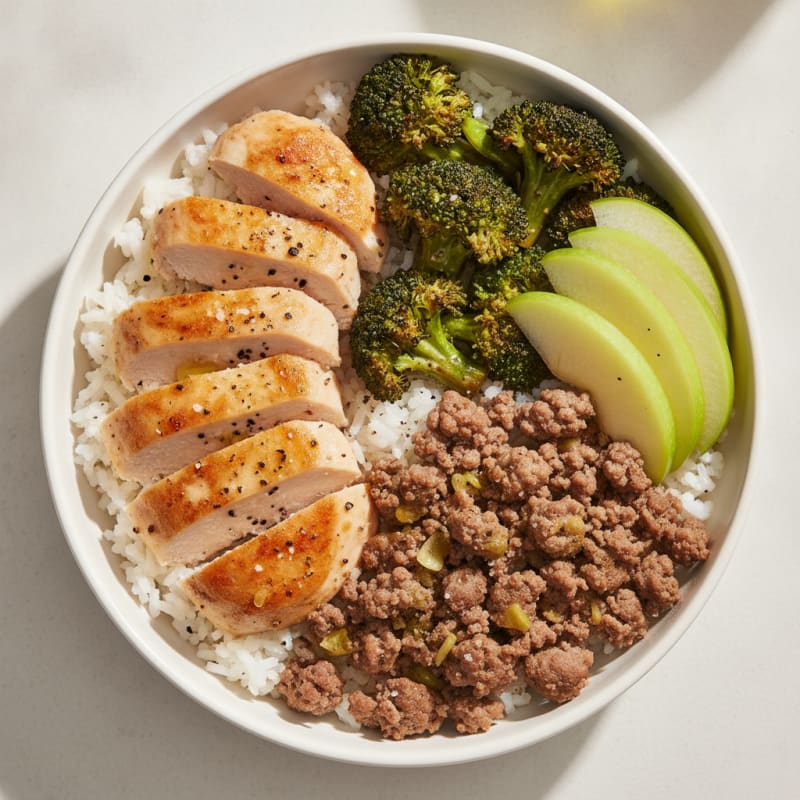 Chicken and Beef Rice Bowl with Roasted Vegetables