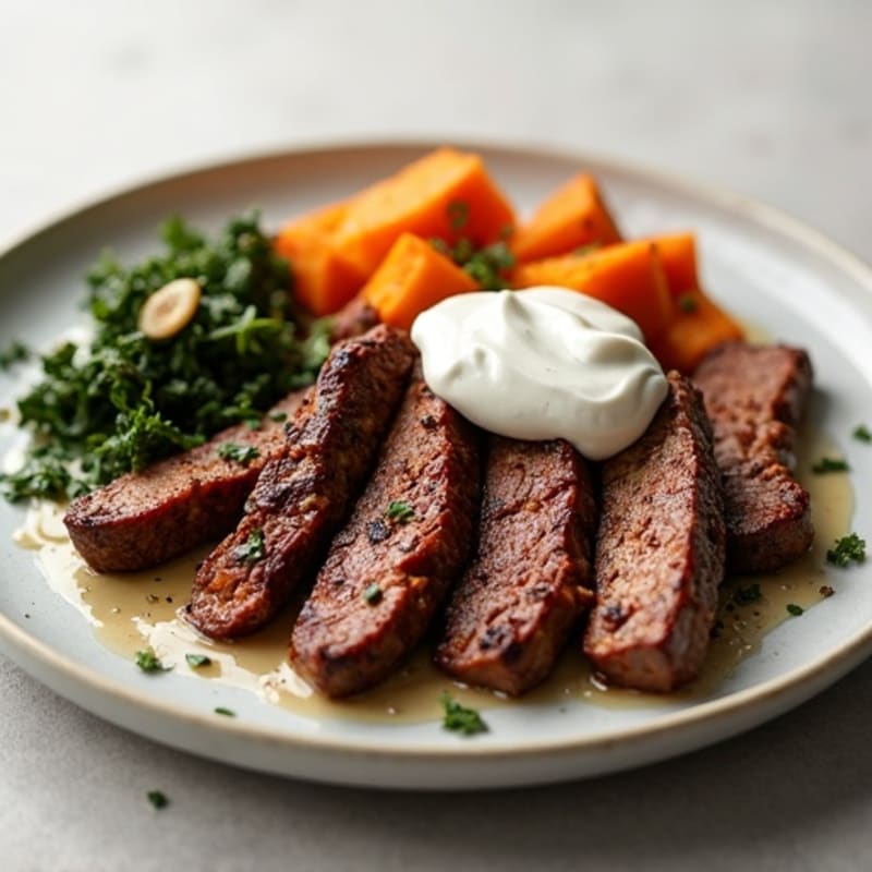 Grilled Beef Strips with Roasted Sweet Potatoes and Sautéed Sukuma Wiki