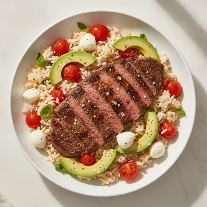 Pan-Seared Ribeye with Tomato-Mozzarella Rice