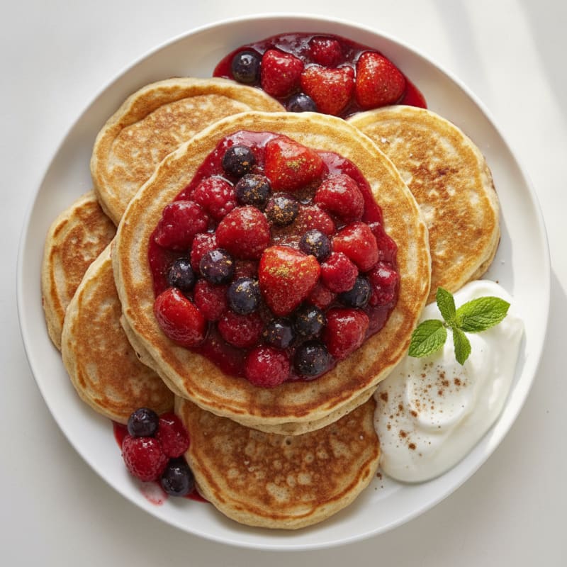 Fluffy Buttermilk-Style Protein Pancakes with Berry Compote