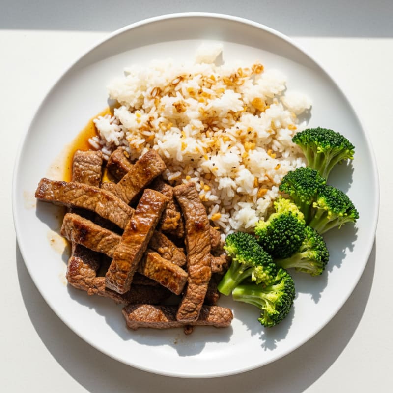 Seared Beef Strips with Garlic Rice and Steamed Broccoli