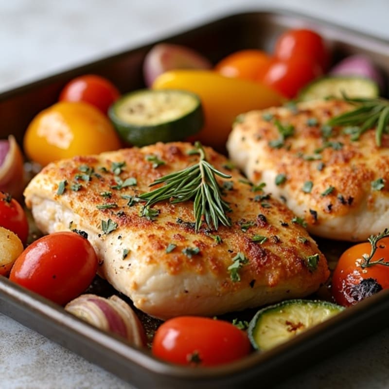Herb-Crusted Sheet Pan Chicken with Roasted Rainbow Vegetables