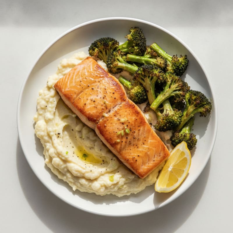 Seared Salmon with Roasted Broccoli and Garlic Cauliflower Mash