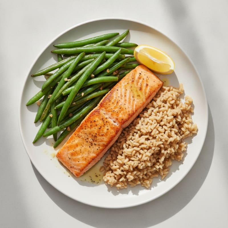 Seared Salmon Fillet with Garlic Green Beans and Brown Rice