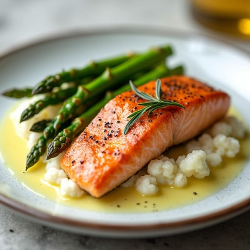 Seared Salmon with Steamed Asparagus and Cauliflower Mash