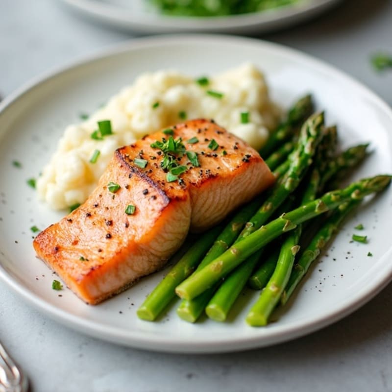 Seared Salmon with Steamed Asparagus and Cauliflower Mash