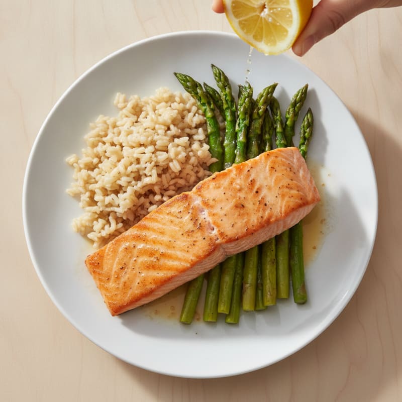 Seared Salmon Fillet with Roasted Asparagus and Brown Rice